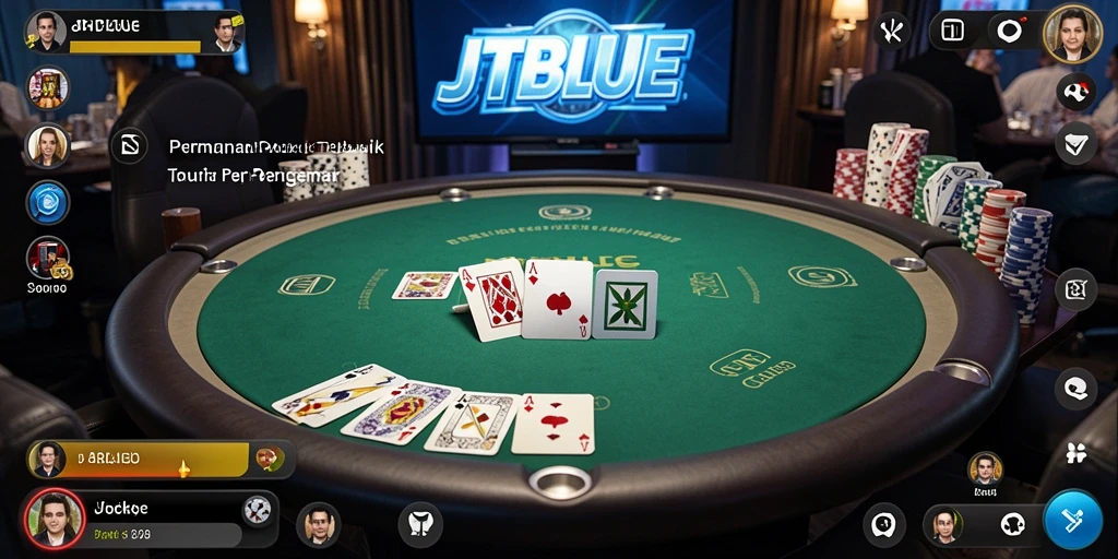 Screenshot gameplay JTBLUE menampilkan aksi Poker yang seru dan mendebarkan.