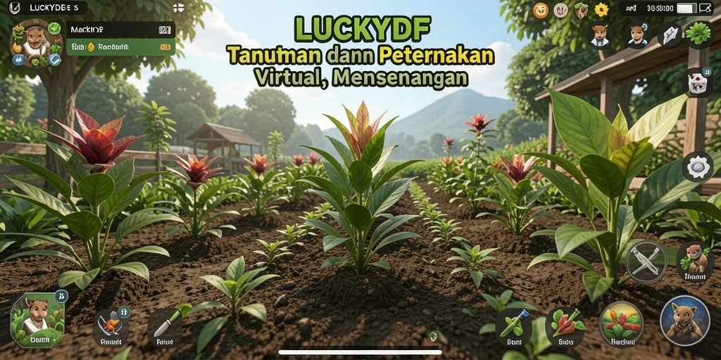 Screenshot gameplay yang menunjukkan kebun yang subur dan hewan peliharaan.