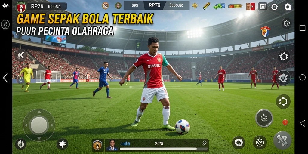 Screenshot utama RP79 menampilkan pertandingan sepak bola yang mendebarkan.