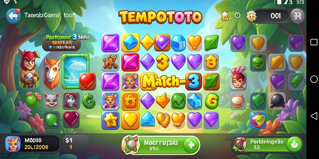 Screenshot menunjukkan gameplay seru di TEMPOTOTO dengan kombinasi warna-warna cerah.
